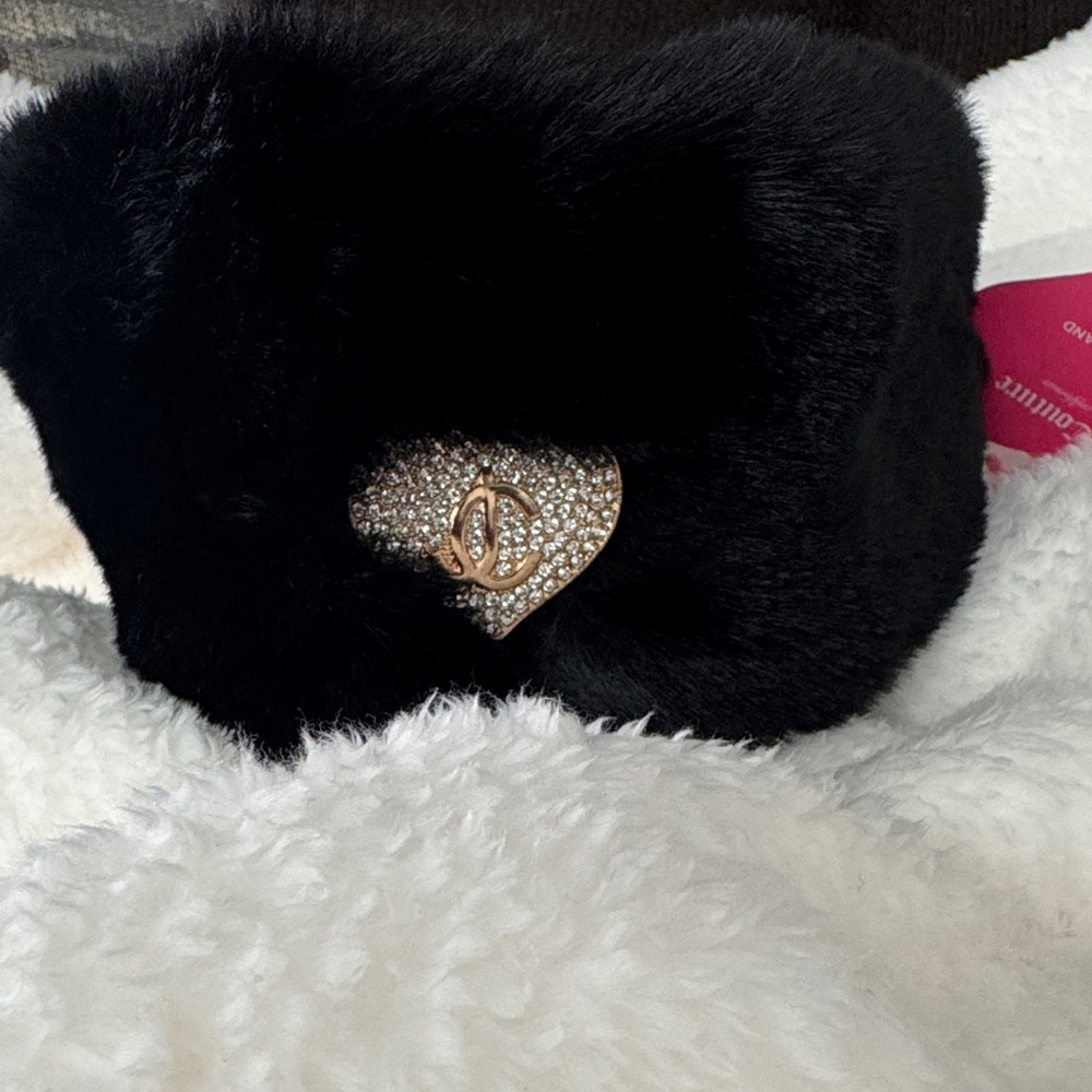 Juicy Couture Black Fur Headband with Gold Detail